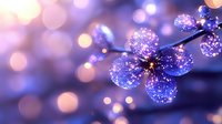 Glowing purple flower with sparkling petals against blurred bokeh background creates magical atmosphere for fantasy and dreamy designs.