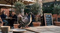 Pigeon perched on wooden table at outdoor restaurant terrace with string lights and diners in background creating urban dining atmosphere.