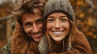 Happy young couple embracing outdoors in autumn, wearing cozy winter clothing and knit hats, smiling warmly at camera with golden fall foliage background.