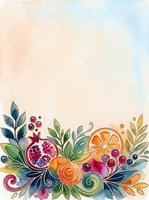 Watercolor fruit and floral border with pomegranate, orange slices, berries, and green leaves on soft pastel background with copy space.