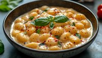 Creamy gnocchi pasta in rich sauce garnished with fresh basil leaves and black pepper, served in rustic pan on gray background with cherry tomatoes.