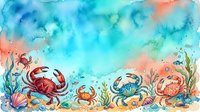 Watercolor underwater scene with colorful crabs and sea plants on ocean floor. Marine life illustration for children books and educational materials.
