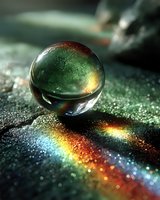 Crystal clear water drop on dark surface reflecting rainbow spectrum of light, macro photography with shallow depth of field and bokeh effect.