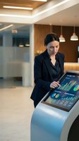 Professional businesswoman using interactive digital kiosk with analytics dashboard in modern corporate office environment for data analysis and reporting.