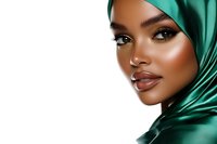 Young African woman wearing emerald green hijab, with glowing skin and professional makeup, side profile portrait on white background. For beauty and fashion design.