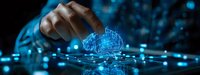 Businessman touching digital brain with network connections, representing artificial intelligence and machine learning technology for business innovation.