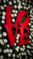 Red glossy LOVE sign against a lush wall of white roses, evoking romance and passion for Valentine's Day and wedding decor.