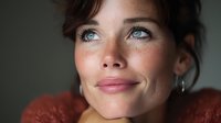 Close-up portrait of young woman with freckles and blue eyes looking up thoughtfully, wearing rust-colored sweater against neutral background.