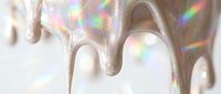 Holographic liquid dripping with iridescent rainbow reflections on white surface, creating metallic slime effect for modern design projects.