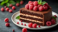 Slice of layered chocolate cake with cream filling and ganache frosting, decorated with fresh red raspberries and mint leaves on gray plate, dark background.