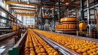 Modern automated food production line with fresh oranges moving on conveyor belt in processing facility. Industrial sorting and packaging equipment in bright factory setting.