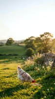 Speckled hen foraging in lush green pasture at golden hour with rolling countryside hills, stone wall, and wildflowers in soft natural light for agricultural and rural lifestyle content.