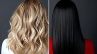 Contrasting hairstyles showing blonde wavy and straight black hair from behind on dark background, demonstrating different hair textures and coloring techniques.