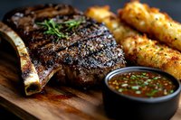 Juicy grilled t-bone steak with crispy potato wedges and spicy dipping sauce on wooden serving board, garnished with fresh herbs and seasonings.