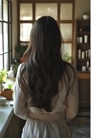 Young woman with long dark hair in white dress standing by kitchen window, back view in cozy home interior with natural lighting for lifestyle content.
