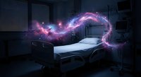 Hospital bed surrounded by glowing purple energy stream in dark medical room creating mystical healthcare atmosphere for fantasy medical concepts.