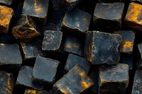 Dark stone cubes with golden rust texture arranged in abstract pattern, dramatic lighting creates contrast between rough surfaces and metallic highlights.