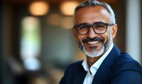 Confident mature businessman with salt and pepper beard wearing glasses and navy suit smiles warmly in modern office setting. Professional corporate portrait.