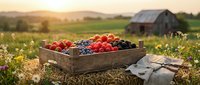 Fresh organic berries in rustic wooden crate at sunset farm field with barn background for healthy eating and agriculture concepts.