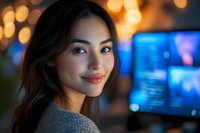 Young Asian woman smiling at night with glowing bokeh lights and computer screen in background, wearing casual grey sweater, expressing confidence and joy.