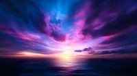 Dramatic purple and pink sunset over calm ocean waters with vibrant clouds reflecting in dark blue sea surface, creating ethereal atmospheric seascape.