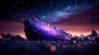 Mystical cosmic landscape with glowing purple nebula effect over dark rocks at night, magical starry sky with ethereal light and bokeh elements creating dreamy atmosphere.