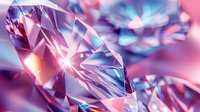 Macro view of crystal structure with pink and blue light refraction creating prismatic effect. Luxury jewelry background with sparkle and brilliance. Abstract gemstone closeup.
