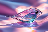 Crystal glass bird sculpture with iridescent reflections in pink and turquoise colors on smooth surface with soft bokeh background lighting effects.