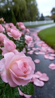 Pink rose with water drops in rain, scattered petals along garden path leading to white picket fence, romantic spring garden scene with soft bokeh background.