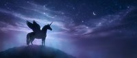 Majestic unicorn silhouette standing on hilltop under starry night sky with crescent moon and purple clouds for fantasy and magical themed designs.