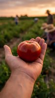 Fresh ripe tomato held in farmer's hand at sunset with agricultural workers harvesting in organic vegetable field during golden hour farming season.