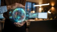 Businessman holding glowing digital globe with holographic data analytics interface, representing global network connectivity, technology innovation, and business intelligence solutions.