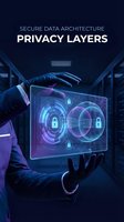 Cybersecurity professional holding holographic display with padlock icons and digital encryption layers, representing secure data architecture and privacy protection systems.