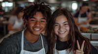 Young diverse restaurant workers, African American male and Caucasian female coworkers in aprons, smiling warmly at camera. Authentic workplace friendship and teamwork.