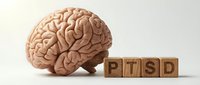 Anatomical brain model with wooden letter blocks spelling PTSD on neutral background for medical education and mental health awareness concepts.