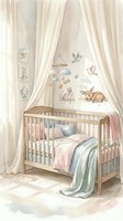 Watercolor nursery room with wooden crib, soft curtains, mobile and cute animals on walls in pastel colors for baby decor and interior design.
