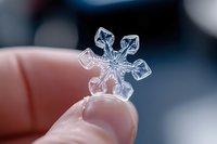 Delicate snowflake crystal held between fingers showing intricate ice formation patterns and geometric structure in winter cold weather macro photography.