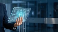Businessman touching holographic digital interface with network icons and data visualization in modern office environment for technology presentations.
