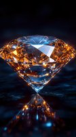 Brilliant cut diamond with amber and blue reflections on dark background with dramatic lighting and mirror reflection, luxury jewelry concept for design projects.