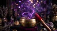 Mystical singing bowl with glowing purple smoke and magical sparkles surrounded by crystals, herbs and spiritual items for meditation and energy healing rituals.