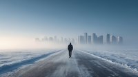 Solitary figure walking on snow-covered road toward misty city skyline emerging from winter fog, creating atmospheric urban landscape.