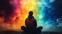Silhouette of person with backpack sitting cross-legged against vibrant rainbow galaxy sky with stars and colorful nebula clouds, meditation and self-discovery concept.