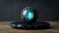 Mystical labradorite crystal sphere with blue-green flash on dark slate surface against moody background for spiritual healing meditation decor.