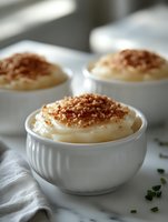 Creamy vanilla pudding topped with crushed toffee bits served in white ceramic ramekins on marble surface, garnished with fresh herbs for elegant dessert presentation.