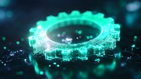 Glowing turquoise gear mechanism with digital particles and bokeh effects on dark background, representing industrial technology and automation processes.