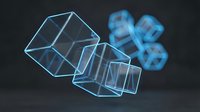 Glowing neon geometric shapes and molecular structures floating in dark space, representing science, technology, innovation, and digital transformation concepts.