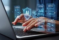 Businessman using laptop with AI artificial intelligence holographic interface displaying data analytics and machine learning algorithms for business automation.