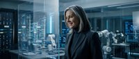 Mature woman with gray hair and professional attire stands in modern tech office with holographic cityscape display, representing leadership in digital innovation and corporate technology.