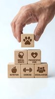 Senior hand placing wooden cube with paw print symbol completing pet care pyramid with health icons for veterinary wellness concepts.