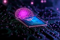 Glowing pink brain hologram floating above microprocessor on circuit board with neon lighting effects, representing artificial intelligence and machine learning technology.